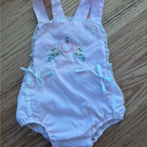 Vintage Pink Baby Romper with Lace Details and built in plastic panty